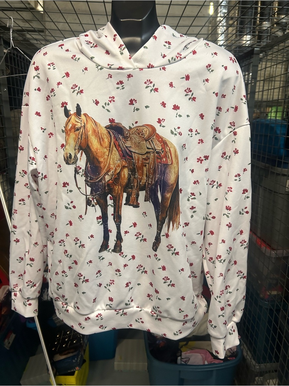 Brand new womens White Floral Hoodie with Horse Graphic L/XL